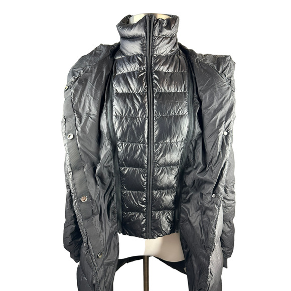 Athleta Lofty Down Coat Goose Down Black Puffer Hooded Puffy Long Coat Medium - Picture 12 of 16